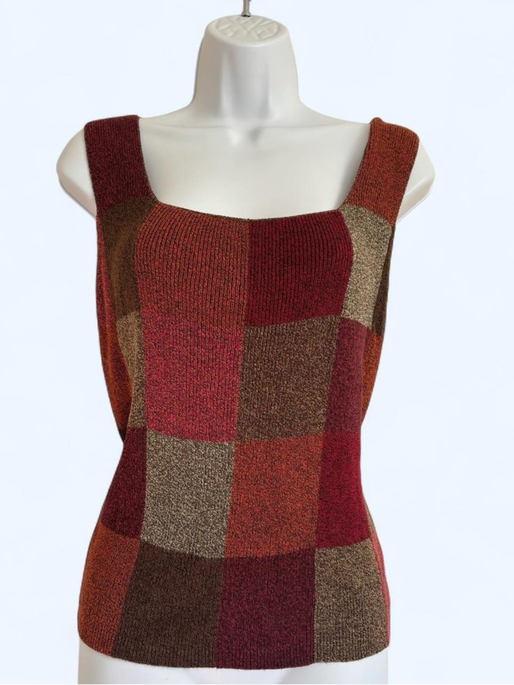 Sigrid Olsen Patchwork Knit Tank Top in Burgundy, Rust, Brown Size M